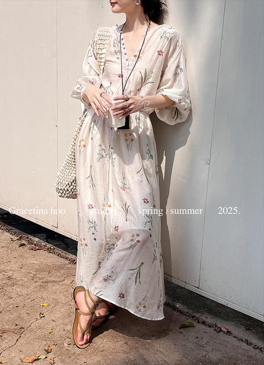 小众V领法式风情花卉排扣慵懒风显瘦连衣裙 商品图0