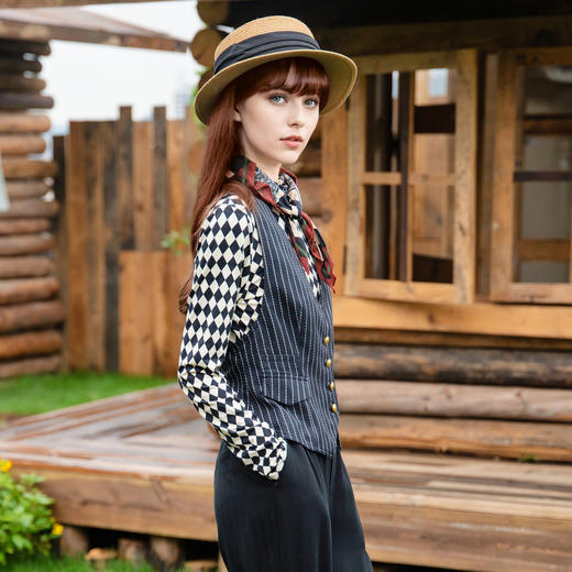 谜底无领西装马甲女2025秋新款复古风通勤条纹修身马夹257MM7722 商品图1