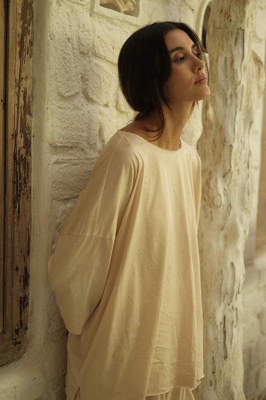 匹马棉桑蚕丝OVERSIZE自然边T恤衫 商品图1