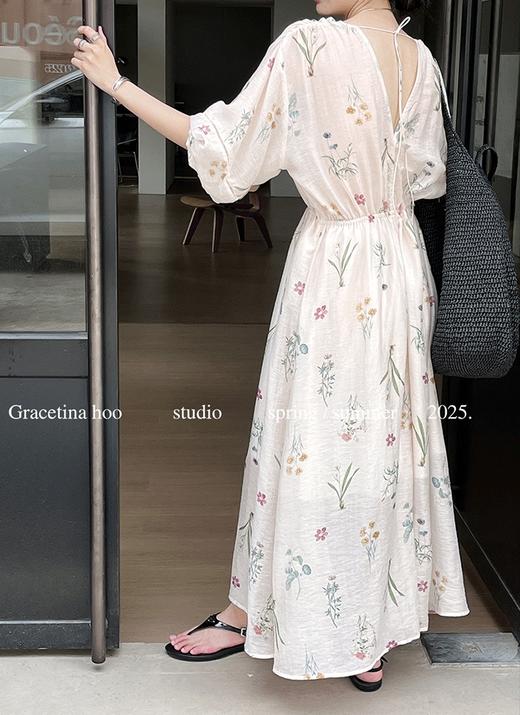 小众V领法式风情花卉排扣慵懒风显瘦连衣裙 商品图6