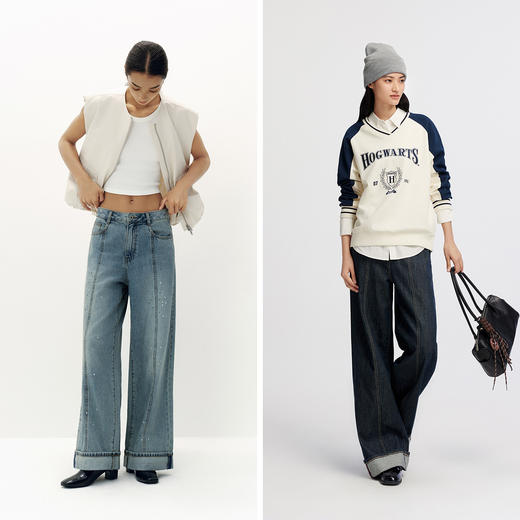 森柔牛仔|商场同款森马牛仔裤女翻边长裤2025秋季新款宽松阔腿裤 商品图3