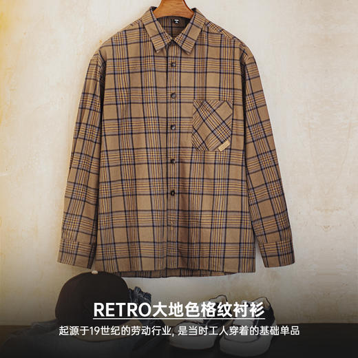 马登工装美式复古格子衬衫薄款长袖纯棉外套式棕色格纹衬衣男夏秋 商品图1