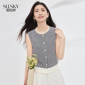 【07/23新品】熙世界法式蕾丝花边拼接格纹衬衫女夏季新款小众设计无袖背心上衣