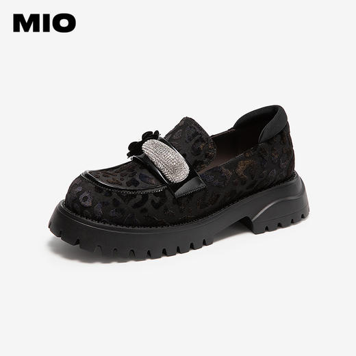 MIO米奥乐福鞋钻饰花朵圆头粗跟学院厚底黑色小皮鞋M254514461 商品图1