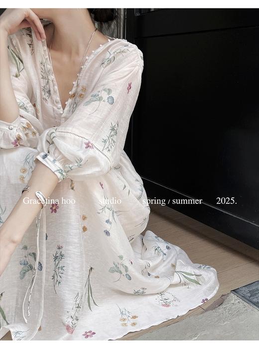 小众V领法式风情花卉排扣慵懒风显瘦连衣裙 商品图10