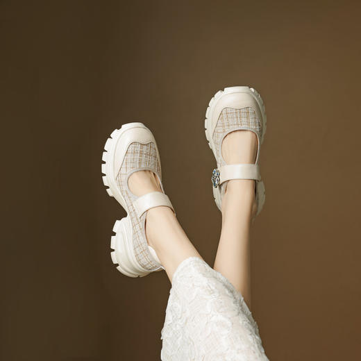 【预售5天】圆头松糕厚底玛丽珍鞋女夏秋真皮米白色浅口休闲单鞋XPJ&Q9155 商品图3