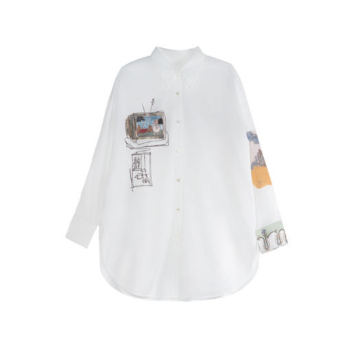谜底白衬衫长袖女2025秋季新款通勤风宽松印花廓形衬衣257MC7719 商品图4