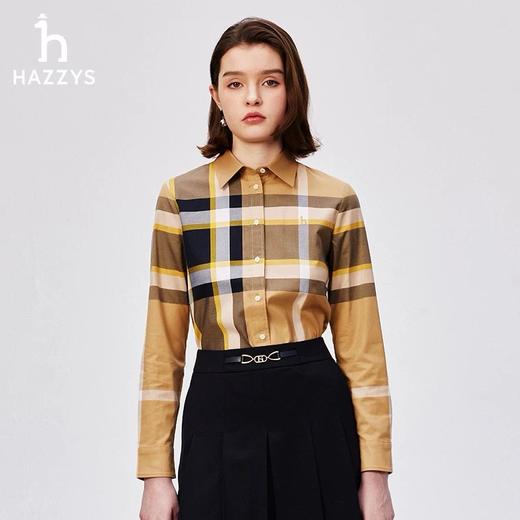 Hazzys哈吉斯长袖衬衫上衣女春秋新品舒适时尚设计感格纹衬衣！ 商品图1
