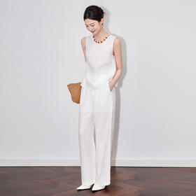 「高货wl」全新升级【铂金会员441/天猫599/差价158】(99051)洛诗琳老钱风松弛感亚麻串珠领背心高腰直筒阔腿裤两件套