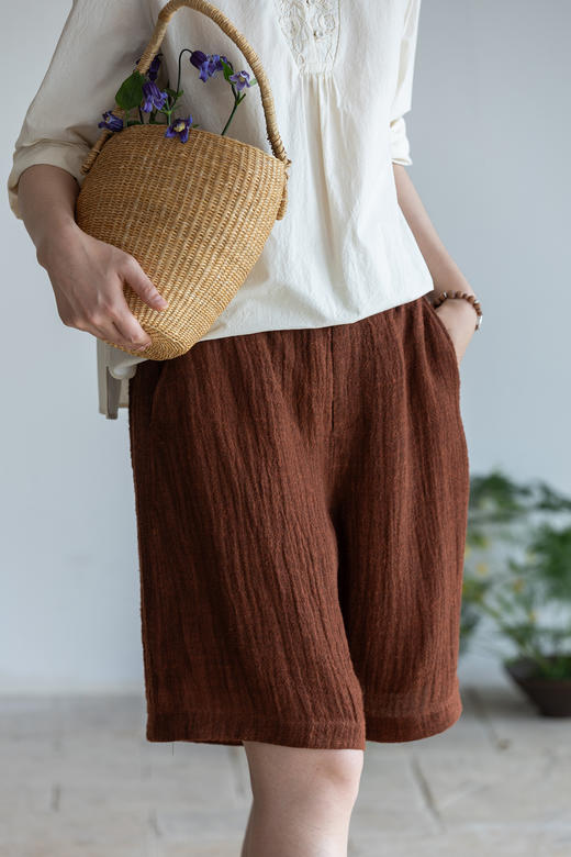 牧衣游原创 亚麻净色短裤新款轻薄宽松显瘦百搭休闲裤子 闲庭信步 商品图5