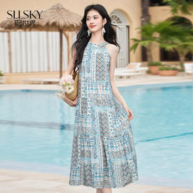 【专属特价】熙世界民族风无袖挂脖连衣裙女夏日新款波西米亚复古印花露肩长裙