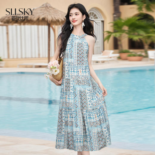 【专属特价】熙世界民族风无袖挂脖连衣裙女夏日新款波西米亚复古印花露肩长裙 商品图0