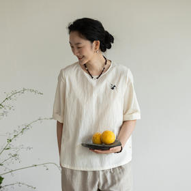 牧衣游原创 汉麻棉手工刺绣套头衫质朴简约东方白色圆领上衣 枝己