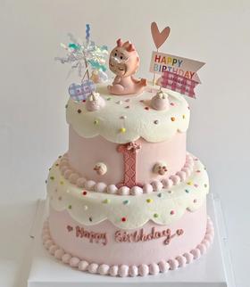 【臻品系列】---【粉色小龙龙 双层款】女孩、周岁生日蛋糕