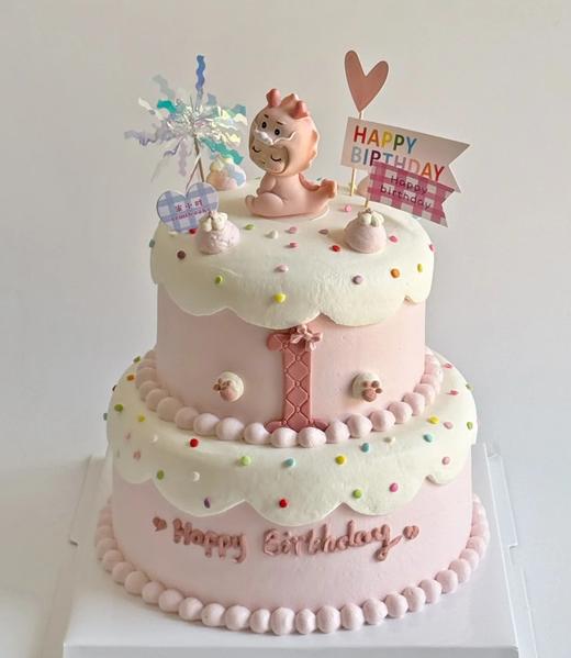 【臻品系列】---【粉色小龙龙 双层款】女孩、周岁生日蛋糕 商品图0