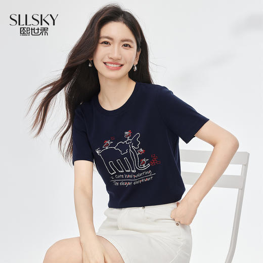 【专属特价】熙世界大象印花短袖T恤女2025夏季新款百搭休闲减龄圆领体恤上衣 商品图0