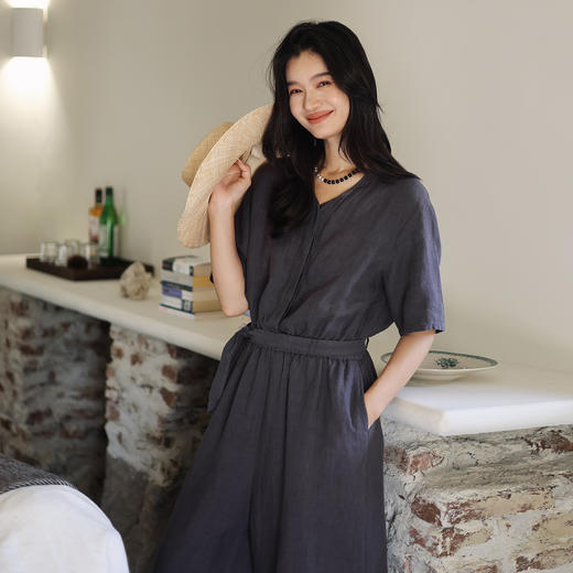 绽放旅行女装415朵/复活款·2021年砂洗亚麻V领显瘦短袖连体裤女 商品图0