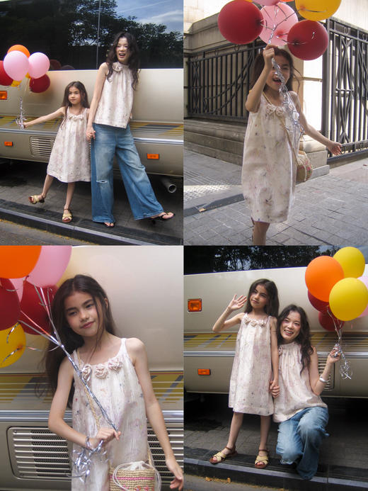 素舶童装 光泽感提花立体手工花朵皱感印花吊带连衣裙 商品图4