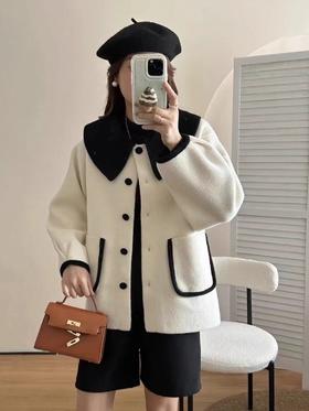 【YW】无忧购娃娃领撞色短款珍珠呢大衣女秋冬新款洋气外套小个子宽松加厚上衣8808(截单后3-5天发货）
