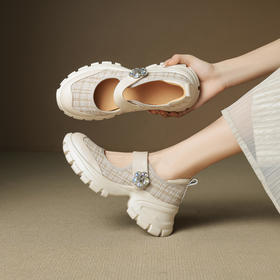 【预售5天】圆头松糕厚底玛丽珍鞋女夏秋真皮米白色浅口休闲单鞋XPJ&Q9155