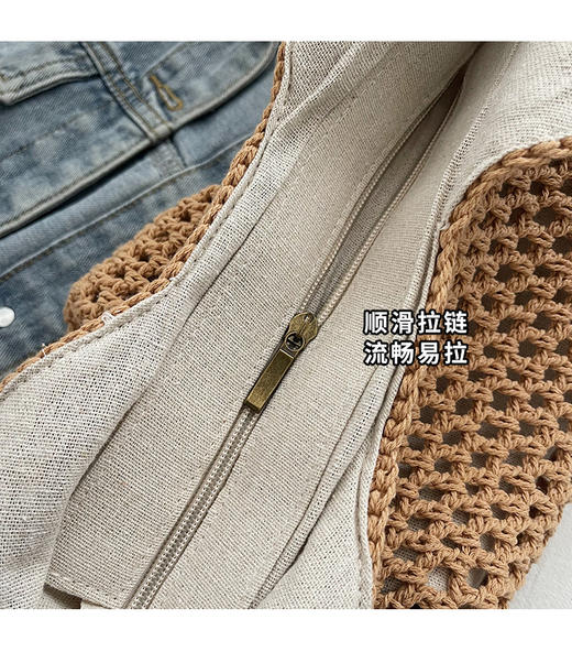 【大小号可选】AIOSC手工棉绳编织包，慵懒风通勤/旅游/海边手工托特包，纯棉绳手工制成，粗布内胆、厚实耐用，顺滑拉链休闲百搭 商品图3