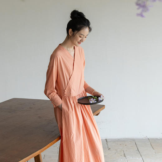 牧衣游原创 60支纯棉净色连衣裙新款质朴禅意复古宽松长裙 月牙弯 商品图0