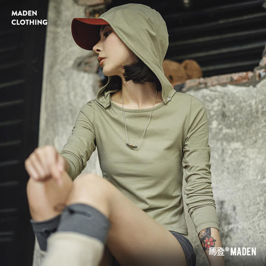 马登凉快轻薄款冰瓷棉凉感针织修身长袖连帽T恤罩衫上衣女士夏日 商品图0