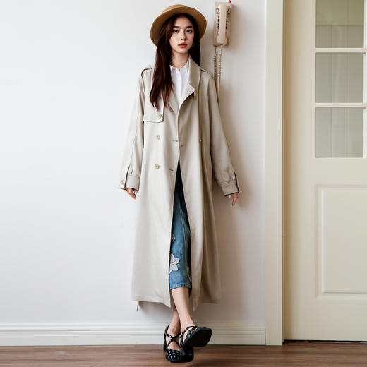 谜底通勤风衣女2025秋季新款简约气质纯色双排扣长外套257ME7725 商品图0