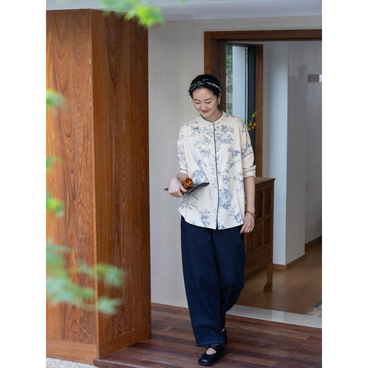 牧衣游原创 棉麻净色手工刺绣休闲裤通勤百搭简约宽松阔腿裤 南亭 商品图3