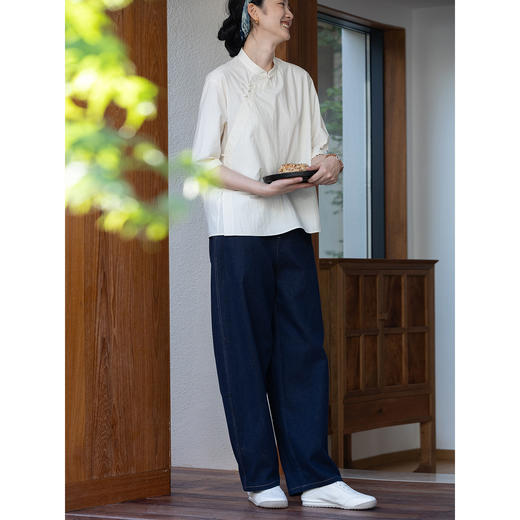 牧衣游原创 棉麻净色手工刺绣休闲裤通勤百搭简约宽松阔腿裤 南亭 商品图2