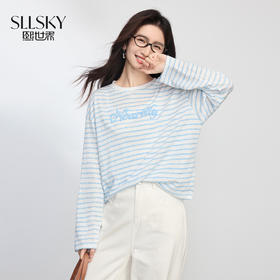 【07/23新品】熙世界慵懒风条纹T恤女长袖2025初秋新款休闲百搭牙刷绣宽松上衣