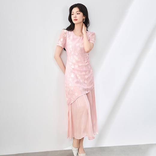 「高货wl」全新升级【铂金会员349/天猫469/差价120】(01727)洛诗琳法式浪漫钉珠连衣裙2025夏季收腰显瘦提花拼接裙子 商品图0