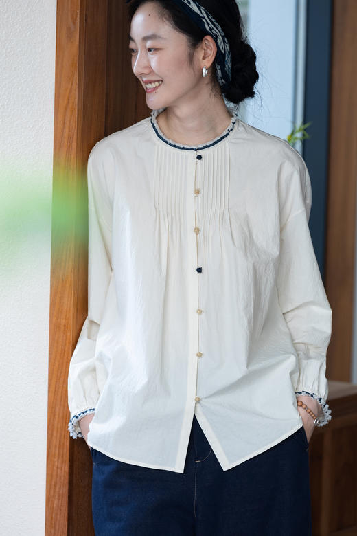 牧衣游原创 打条汉麻棉衬衫新品通勤轻薄白色休闲百搭衬衣 未眠夜 商品图5