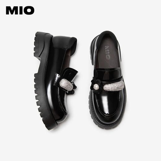 MIO米奥乐福鞋钻饰花朵圆头粗跟学院厚底黑色小皮鞋M254514461 商品图3