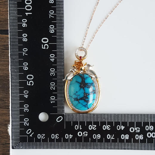 【天然正品】AU750收藏级双色金镶钻镶天然原矿高瓷高蓝铁线绿松石吊坠项链47.5*26.2*14.0MM（皆取最大值）链长：45CM（长度可调节）女性现售价：8380！030725TJ11 商品图3