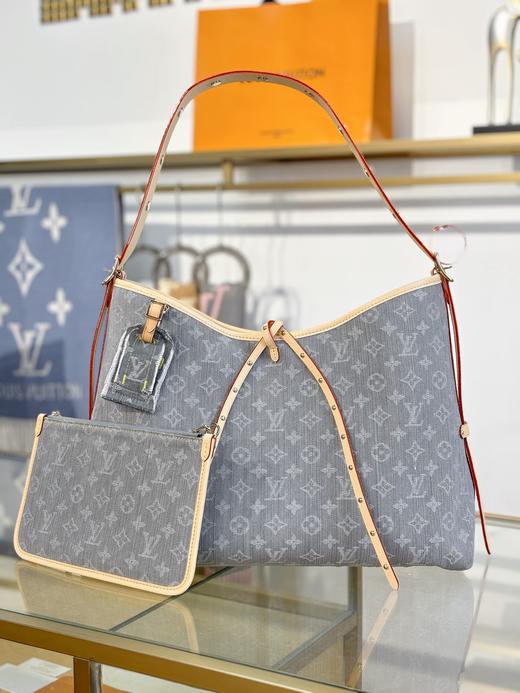 驴家 Carryall MM Monogram 灰丹宁满身徽标印花可拆卸调节肩带牛皮饰边棉单肩手提包 (JPH) 商品图1