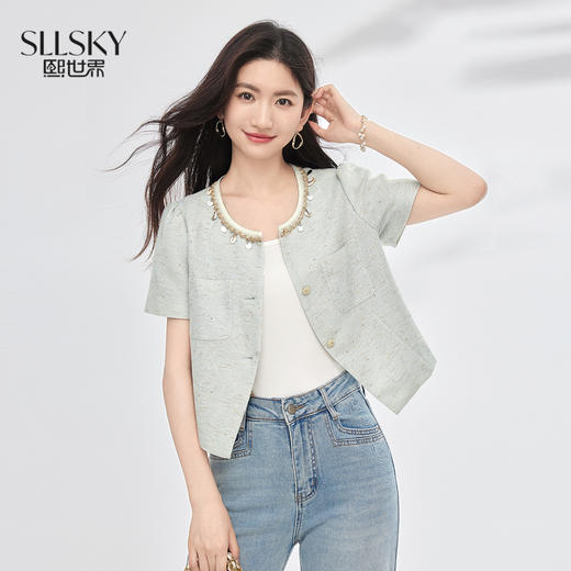 【专属特价】熙世界小香风亮片织带圆领外套女短款小个子夏季薄款短袖开衫上衣 商品图0