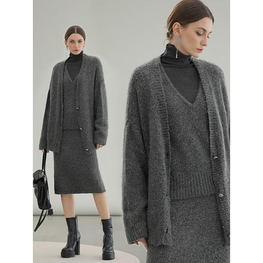 COCOBELLA高级灰细闪亮片加厚针织衫松弛感气质开衫外套MZ189 商品图2