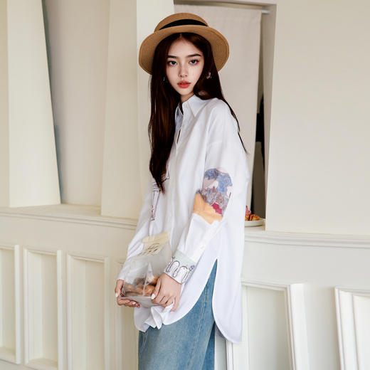 谜底白衬衫长袖女2025秋季新款通勤风宽松印花廓形衬衣257MC7719 商品图1