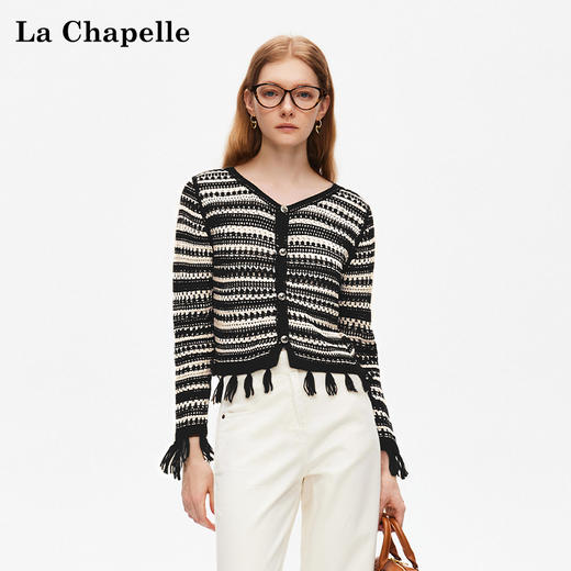 天猫同步【时髦复古】拉夏贝尔/La Chapelle复古小众流苏条纹长袖针织开衫女V领短款毛衣 商品图2