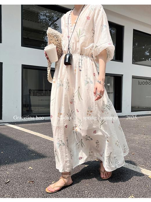 小众V领法式风情花卉排扣慵懒风显瘦连衣裙 商品图5