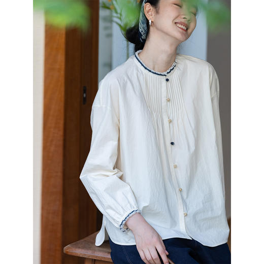 牧衣游原创 打条汉麻棉衬衫新品通勤轻薄白色休闲百搭衬衣 未眠夜 商品图1