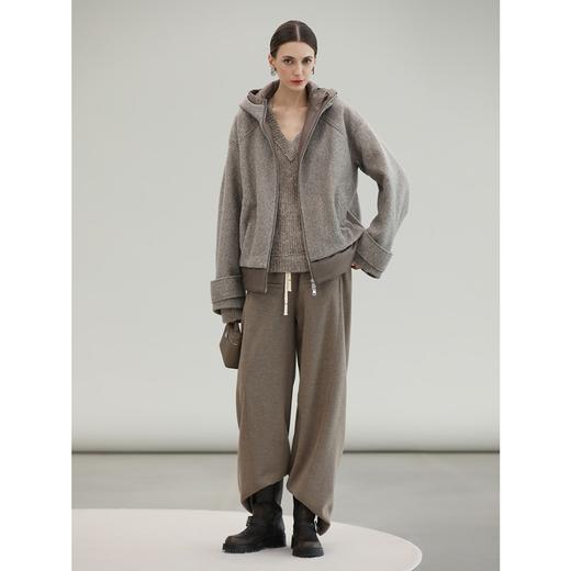 COCOBELLA假两件连帽毛呢外套女秋冬仿水波纹短款呢子大衣WL3205 商品图3