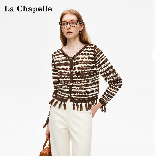 天猫同步【时髦复古】拉夏贝尔/La Chapelle复古小众流苏条纹长袖针织开衫女V领短款毛衣 商品图0