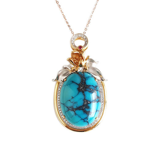 【天然正品】AU750收藏级双色金镶钻镶天然原矿高瓷高蓝铁线绿松石吊坠项链47.5*26.2*14.0MM（皆取最大值）链长：45CM（长度可调节）女性现售价：8380！030725TJ11 商品图0