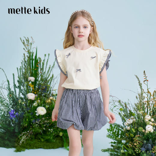 mettekids儿童T恤2025夏季新款女童洋气上衣格子短裤中大童套装 商品图0