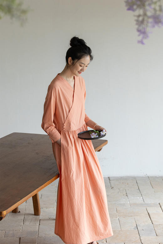 牧衣游原创 60支纯棉净色连衣裙新款质朴禅意复古宽松长裙 月牙弯 商品图5