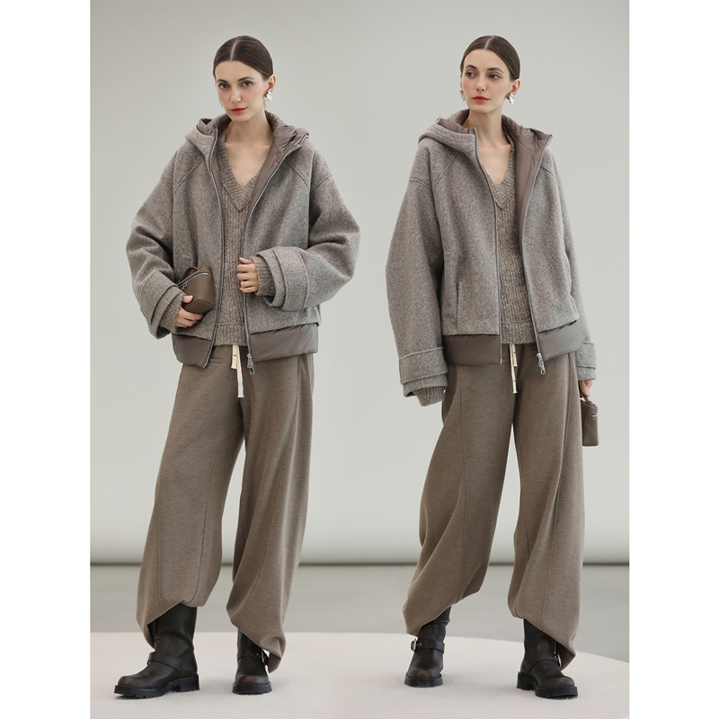 COCOBELLA假两件连帽毛呢外套女秋冬仿水波纹短款呢子大衣WL3205