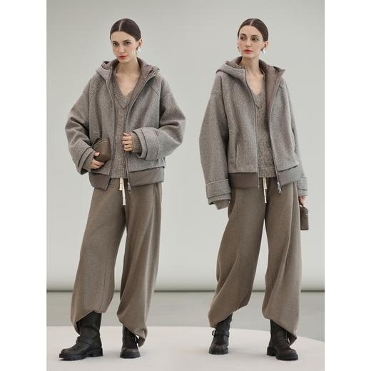 COCOBELLA假两件连帽毛呢外套女秋冬仿水波纹短款呢子大衣WL3205 商品图0