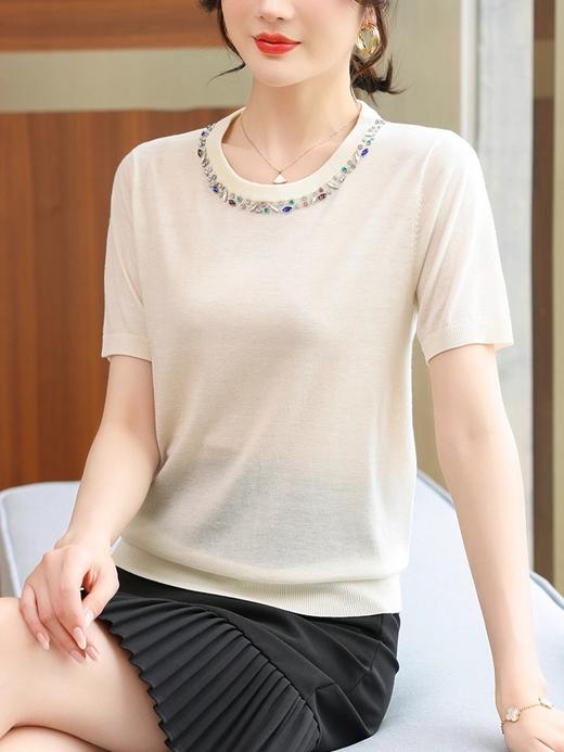 「老顾客开团福利」夏季冰丝针织短袖T恤2025夏季新款纯色重工钉珠圆领针织衫正肩显瘦上衣62442 商品图2